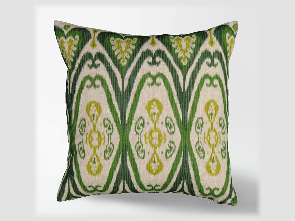 2 x Ikat Jade linen cushions by Lula Fabrics